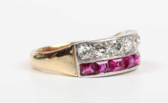 A gold, ruby and diamond ring, mounted with a row of seven old cut diamonds and a row of seven