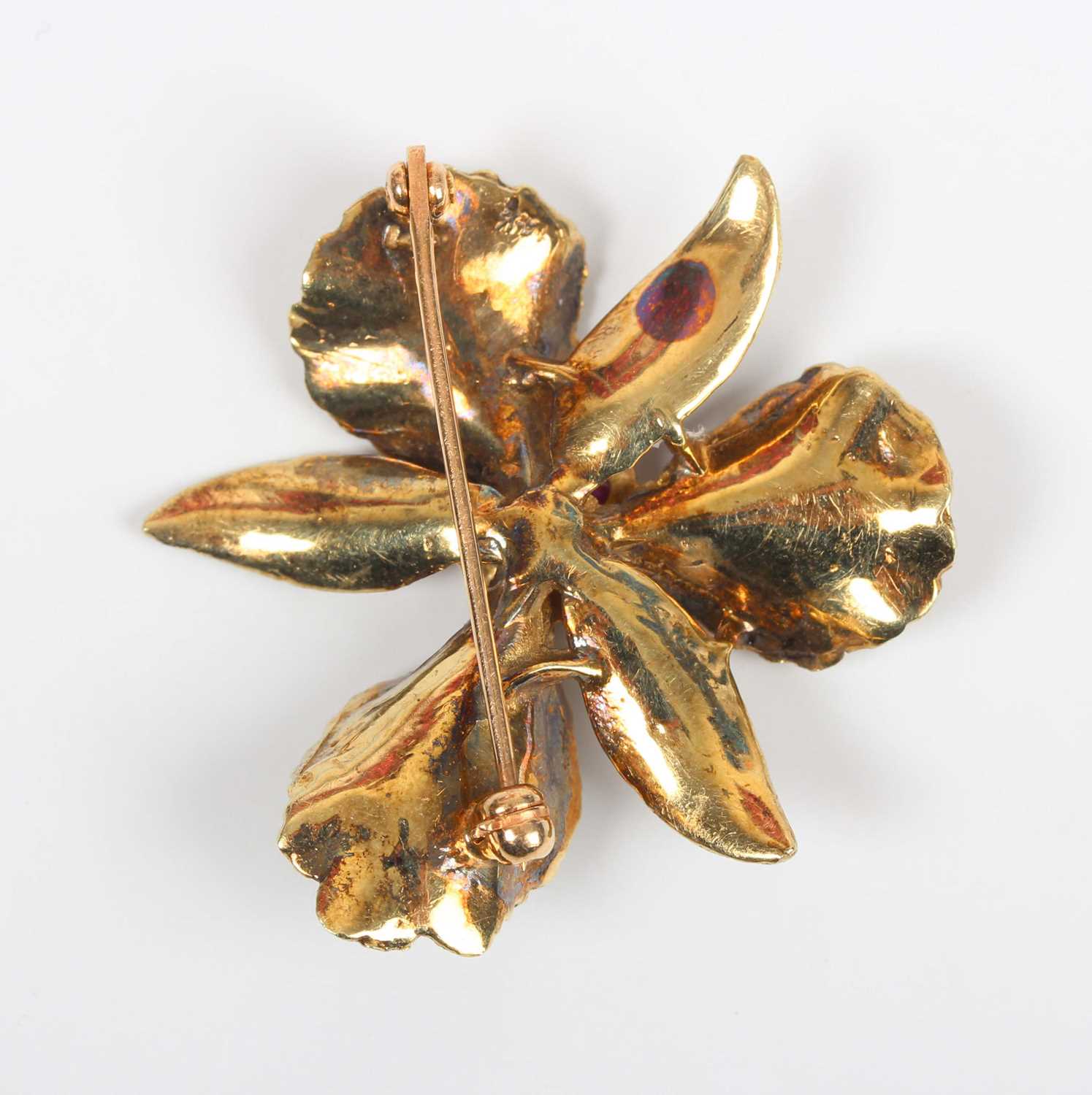 A gold, ruby and colourless gem set brooch, designed as a flowerhead, detailed ‘14’, weight 9.2g, - Image 2 of 2
