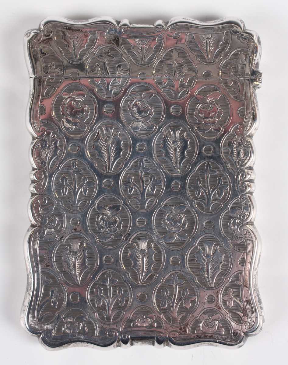 A Victorian silver rectangular card case, the front engraved with a crest within a buckle and - Image 2 of 3