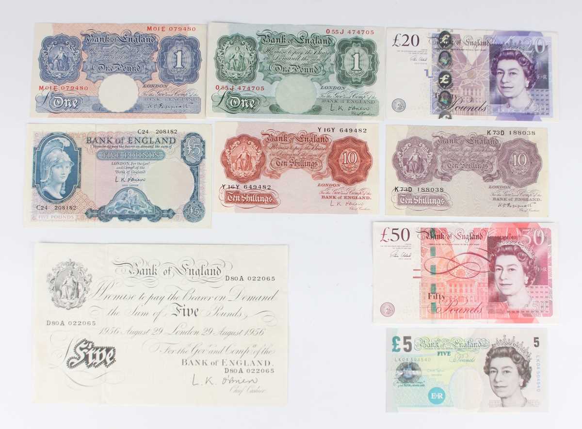 A Bank of England white five pounds note, Chief Cashier L.K. O'Brien, London, August 29th 1956,