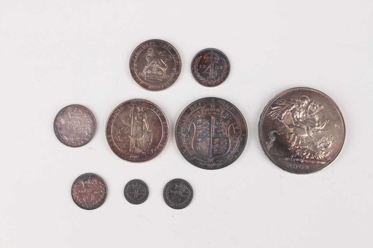 An Edward VII part specimen coin set 1902, comprising crown, half-crown, florin, shilling, sixpence, - Image 3 of 4