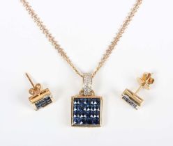 A gold, sapphire and diamond pendant of square form, mounted with sixteen square cut sapphires, with
