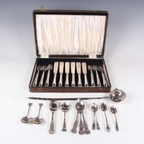 A set of six silver handled fish knives and forks, Sheffield 1934, cased, together with a George