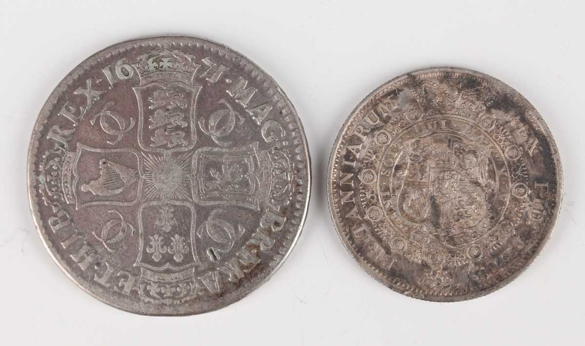 A Charles II silver crown 1671, edge detailed 'Vicesimo Tertio', together with a George III half- - Image 2 of 2