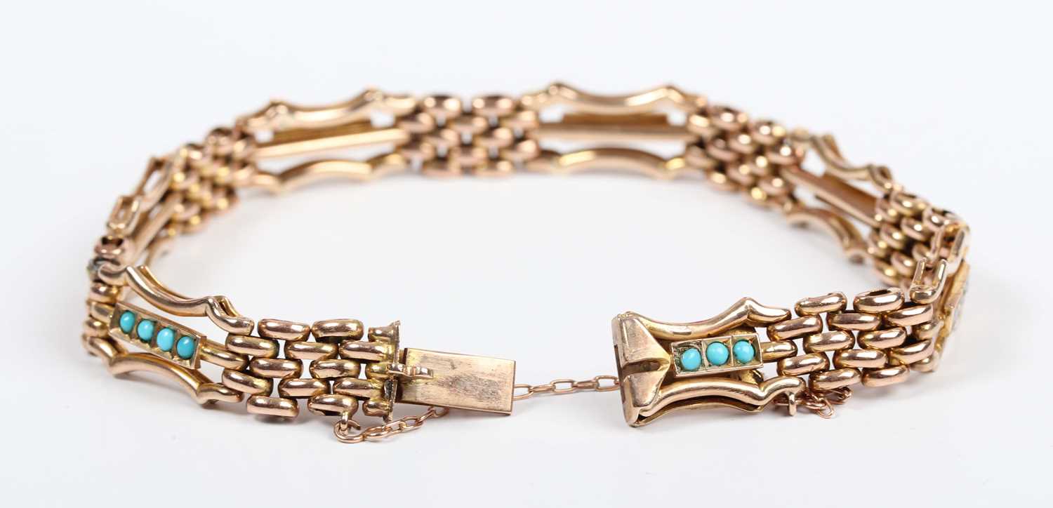 A gold, turquoise and seed pearl bracelet in an oval and curved bar link design, on a snap clasp, - Image 2 of 4