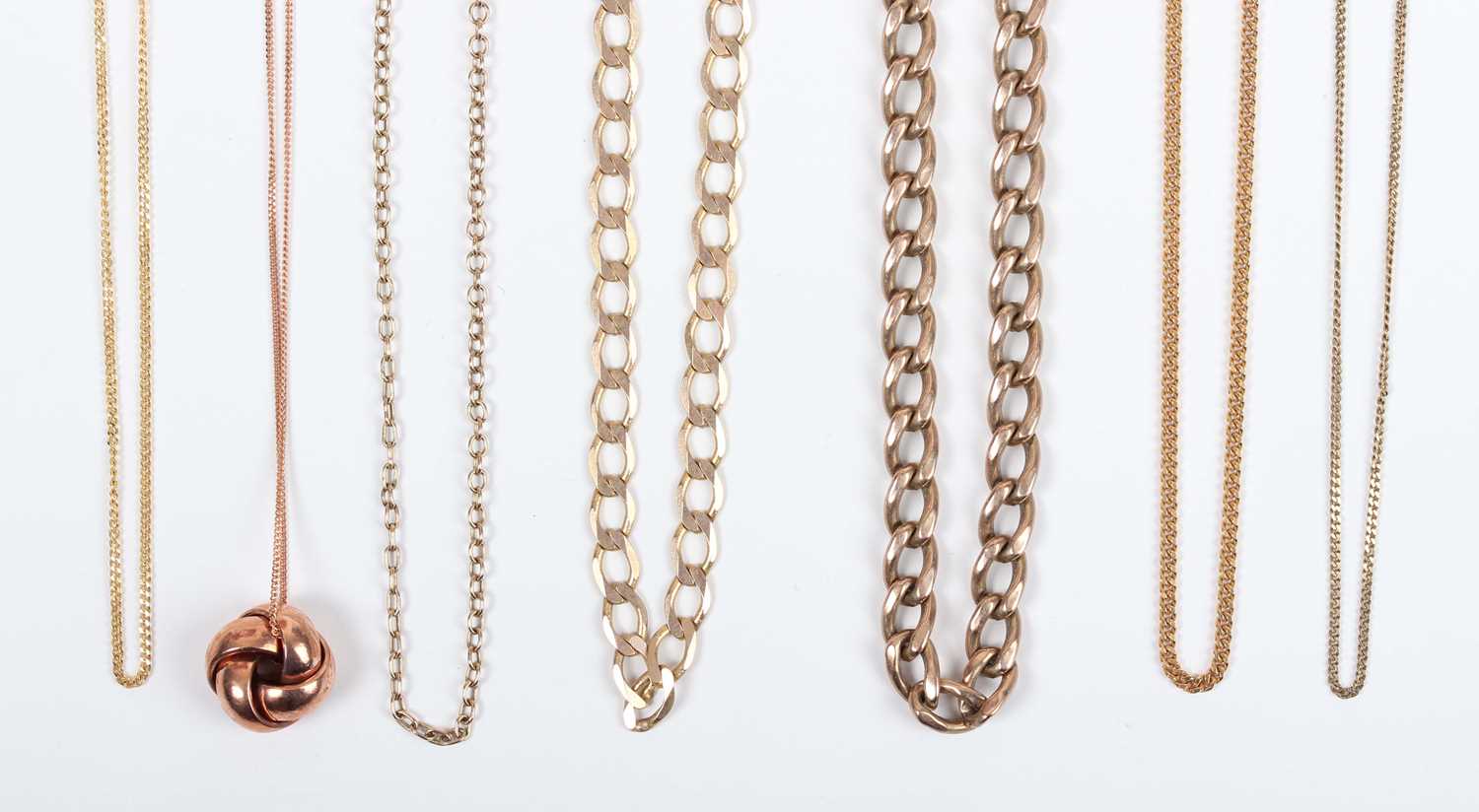 Four 9ct gold neckchains, including a curblink neckchain on a boltring clasp, length 49cm,