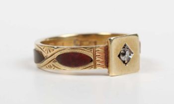 A late Victorian 15ct gold, diamond and varicoloured agate mourning ring, the shank exterior mounted