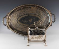 A plated biscuiteer with central handle, engraved with foliate decoration, on bun feet, height 26cm,