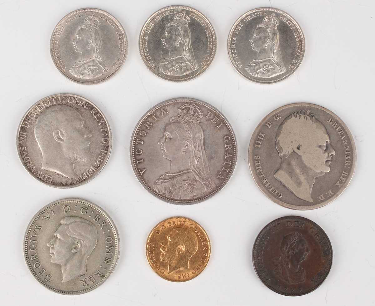 A George V half-sovereign 1911, a William IV half-crown, three Victoria Jubilee Head shillings and a - Image 2 of 3