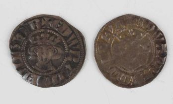 An Edward I penny 1272-1307, London Mint, and an Edward II penny 1307-1327, Canterbury Mint.