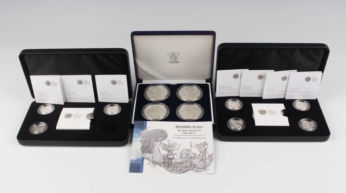 An Elizabeth II Royal Mint Britannia Design one-ounce silver bullion four-coin set, comprising 1999,