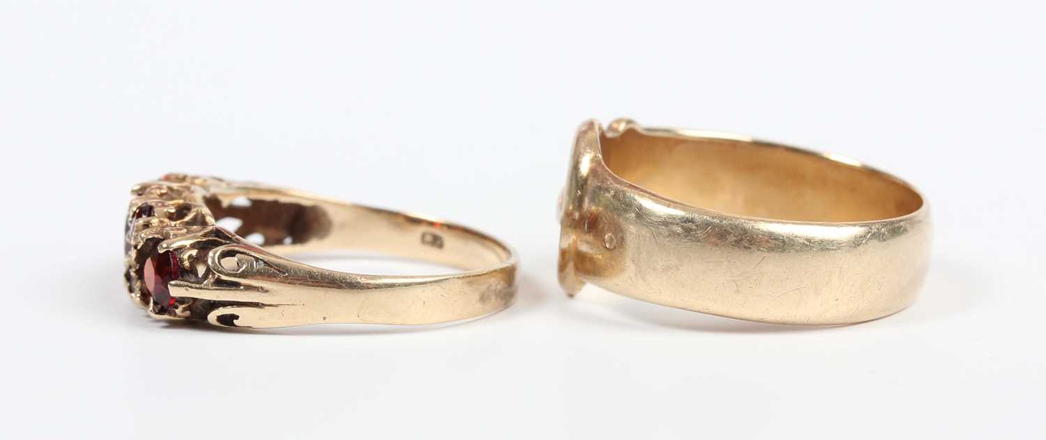 A 9ct gold ring in a buckle and strap design, Birmingham 1979, ring size approx N1/2, and a 9ct gold - Image 3 of 4