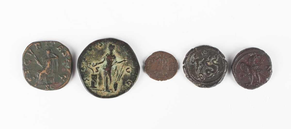 A group of five Roman coins, including an Antoninius Pius sestertius, reverse with Salus standing - Image 2 of 2