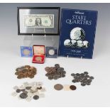 A small collection of USA coinage and one banknote, including a Warman's 'State Quarters 1999-