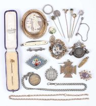 A small group of jewellery, including a gold and amethyst single stone brooch, mounted with an