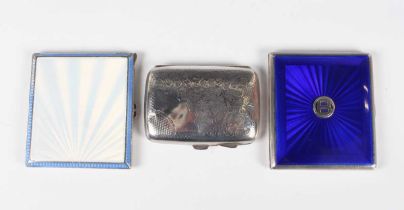 A George VI silver and blue enamelled rectangular cigarette case, the front with initial 'B',