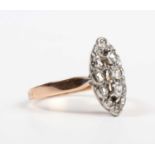 A French gold and diamond marquise shaped cluster ring, mounted with rose cut diamonds, weight 3.4g,