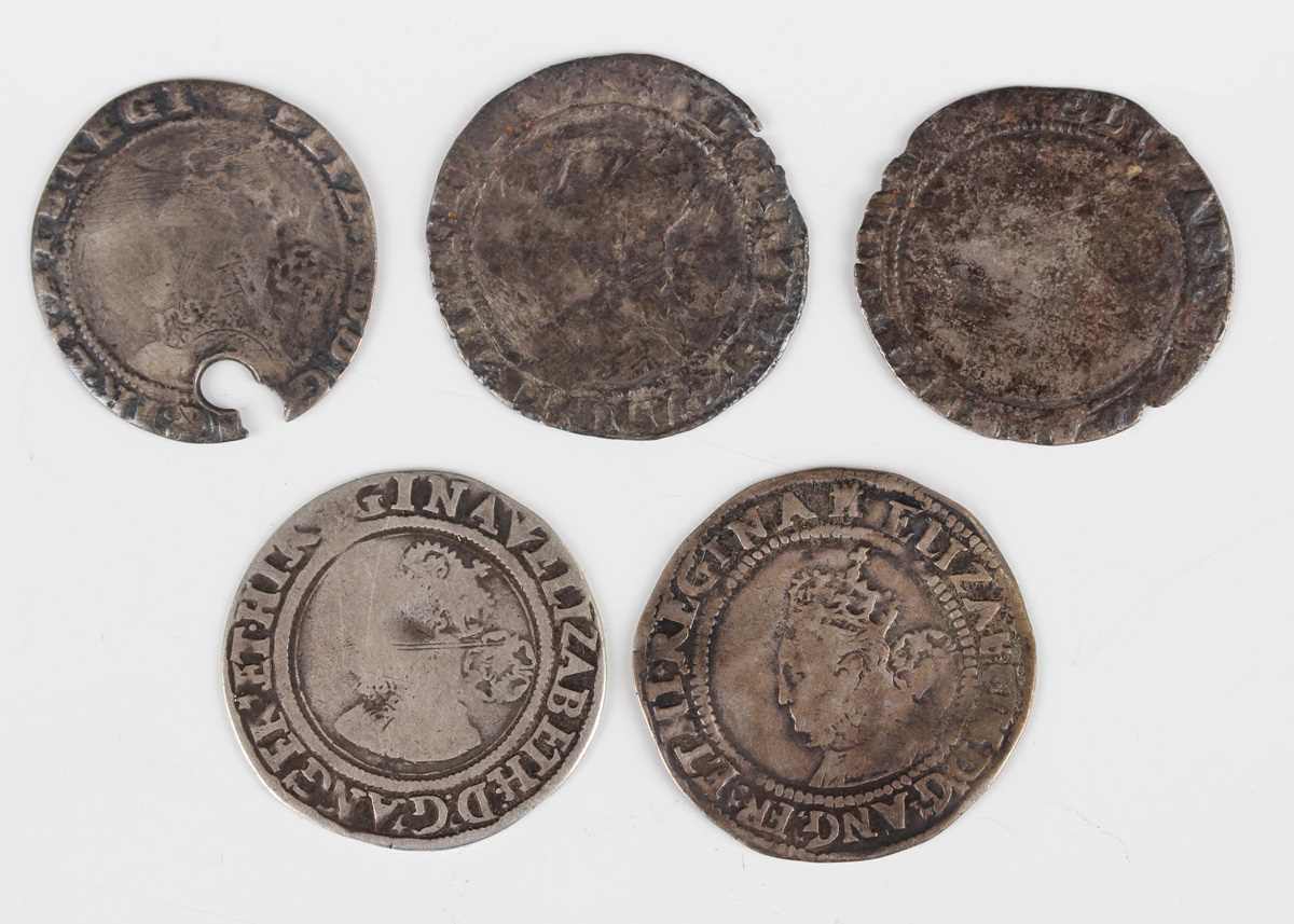A group of five Elizabeth I sixpences, including one dated 1570, mintmark castle.