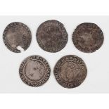 A group of five Elizabeth I sixpences, including one dated 1570, mintmark castle.