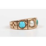 A gold, turquoise and half-pearl ring, mounted with a half-pearl within a square shaped setting