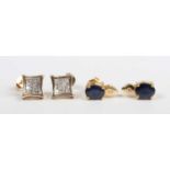 A pair of gold and diamond lozenge shaped cluster earstuds, each mounted with sixteen princess cut