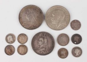 A Victoria Old Head crown 1893, edge detailed 'LVI', a George V crown 1935 and a small collection of