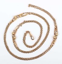 A gold circular twin bar and bead link long guard chain, detailed '15c', with a gold swivel,