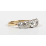 A gold, platinum and diamond five stone ring, mounted with a row of graduated old cut diamonds,