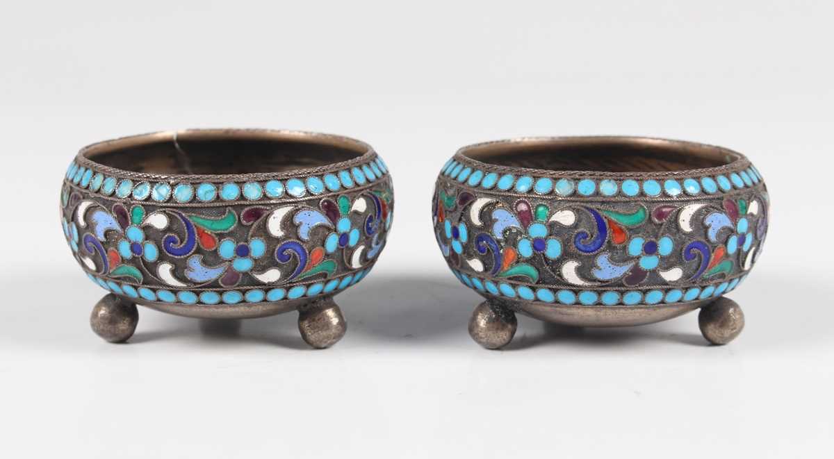 A pair of late 19th century Russian silver and cloisonné enamel circular salts, 84 zolotnik, each