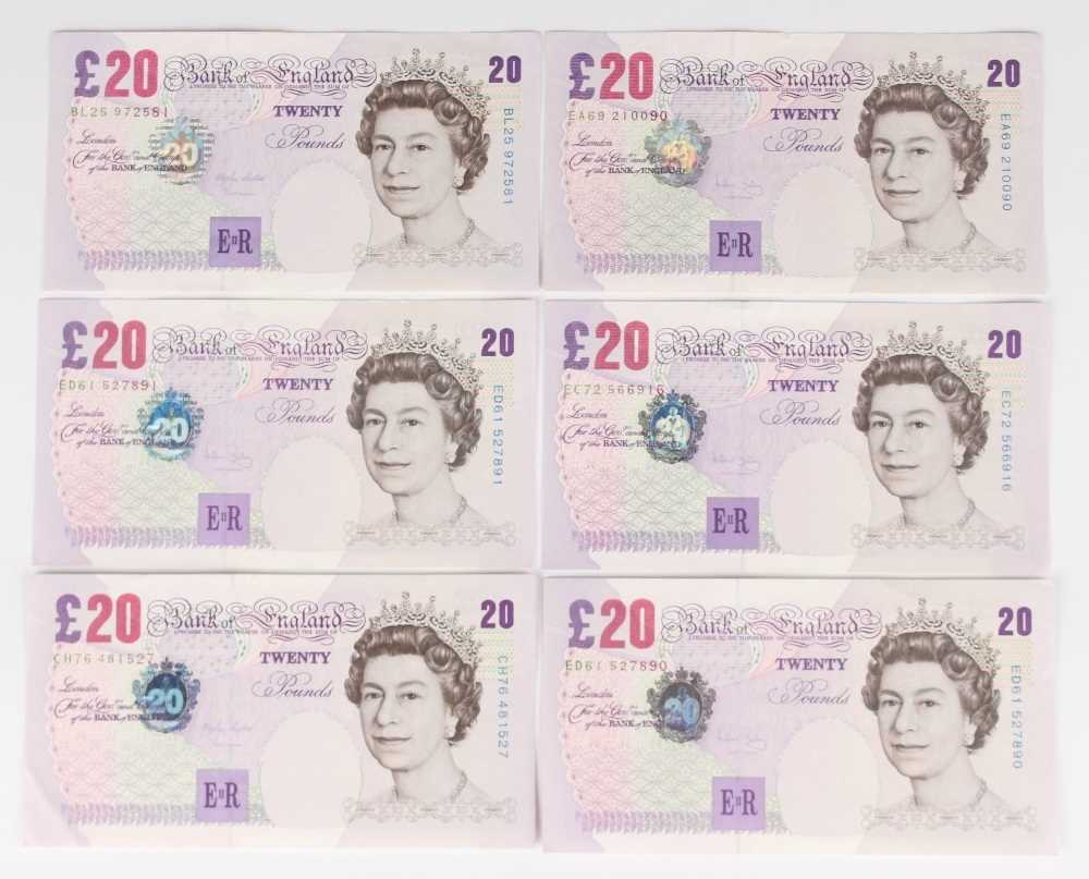 A group of six Elizabeth II Bank of England twenty pounds notes, Chief Cashiers Andrew Bailey and