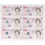 A group of six Elizabeth II Bank of England twenty pounds notes, Chief Cashiers Andrew Bailey and