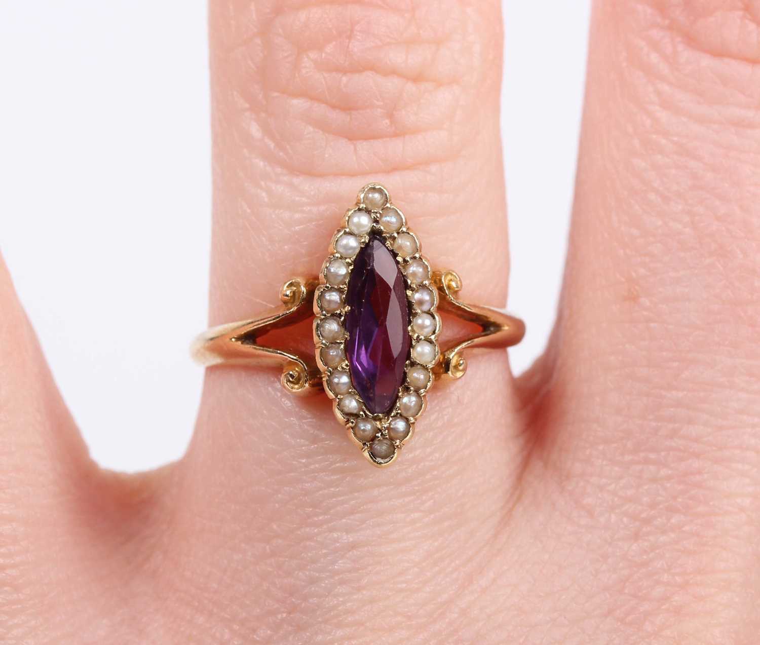 A gold, amethyst and seed pearl marquise shaped ring, mounted with the marquise shaped amethyst - Image 5 of 5