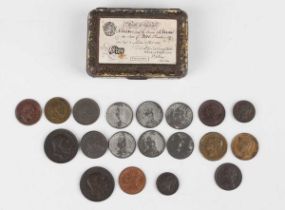 A collection of various Victorian and Edwardian toy money, including a model quarter-farthing, a