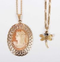 A gold mounted oval shell cameo pendant, carved as a portrait of a lady, unmarked, weight 2.9g,