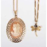 A gold mounted oval shell cameo pendant, carved as a portrait of a lady, unmarked, weight 2.9g,