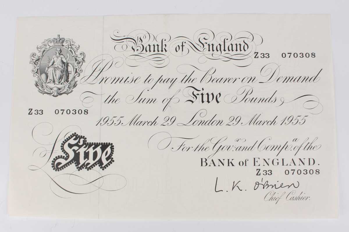A Bank of England white five pounds note, Chief Cashier L.K. O'Brien, London 29th March 1955, serial - Image 2 of 5