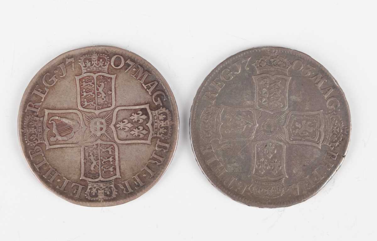 An Anne half-crown 1703, 'Vigo' below bust, edge detailed 'Tertio', and an Anne half-crown 1707, - Image 2 of 2