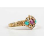 A Victorian 12ct gold, garnet, seed pearl, imitation pearl and turquoise cluster ring, mounted