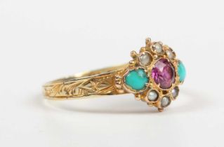 A Victorian 12ct gold, garnet, seed pearl, imitation pearl and turquoise cluster ring, mounted