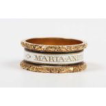 A George IV 18ct gold and white and black enamelled mourning band ring, detailed ‘Maria Andrew. Ob: