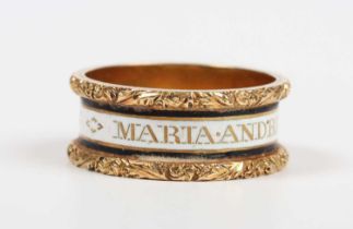 A George IV 18ct gold and white and black enamelled mourning band ring, detailed ‘Maria Andrew. Ob: