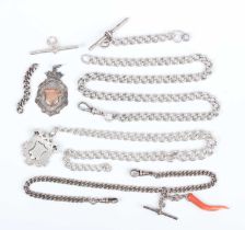 A silver curblink Albert watch chain, fitted with a silver T-bar and a silver swivel, length 43.5cm,