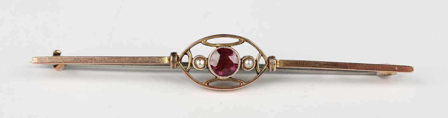 A 9ct gold, sapphire and cultured pearl brooch of circular design with tied bow motifs at intervals, - Image 3 of 3