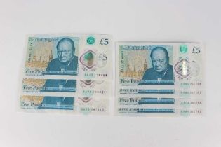 A group of seven Elizabeth II Bank of England five pounds notes, comprising 'AA06 255021', 'AA08