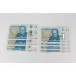 A group of seven Elizabeth II Bank of England five pounds notes, comprising 'AA06 255021', 'AA08