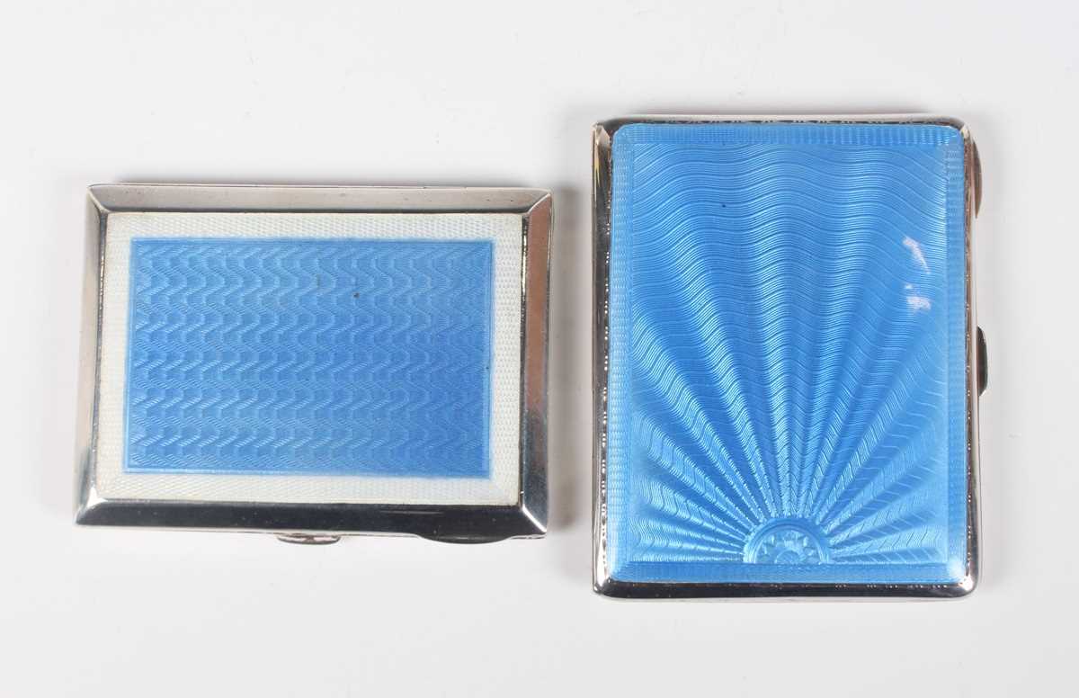An Art Deco silver and pale blue enamelled rectangular cigarette case, Birmingham 1936 by Turner &