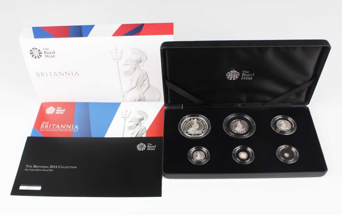 An Elizabeth II Royal Mint silver proof Britannia six-coin set 2014, cased with certificate and