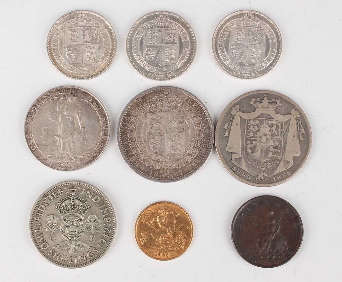 A George V half-sovereign 1911, a William IV half-crown, three Victoria Jubilee Head shillings and a - Image 3 of 3