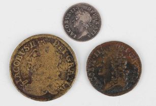 A James II silver fourpence 1687, a James II gun money shilling December 1689 and a James II gun