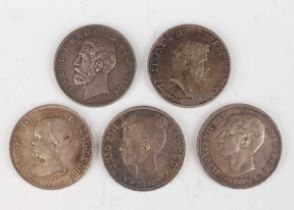 A group of three Spain five pesetas, comprising Alfonso XII 1875, Alfonso XIII 1897 and Alfonso XIII